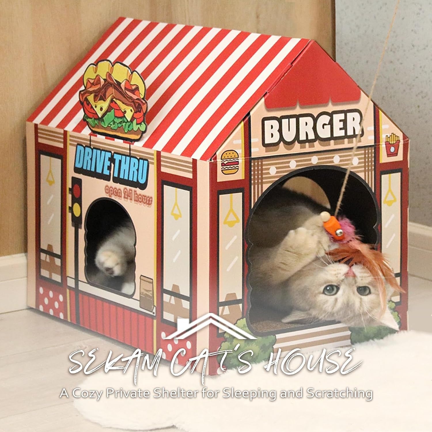 Burger Shop Cat House – Cardboard Scratcher & Hideout for Indoor Cats