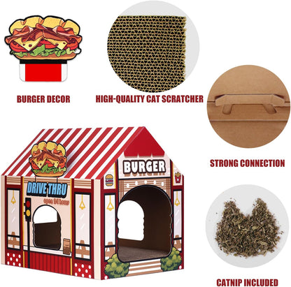 Burger Shop Cat House – Cardboard Scratcher & Hideout for Indoor Cats