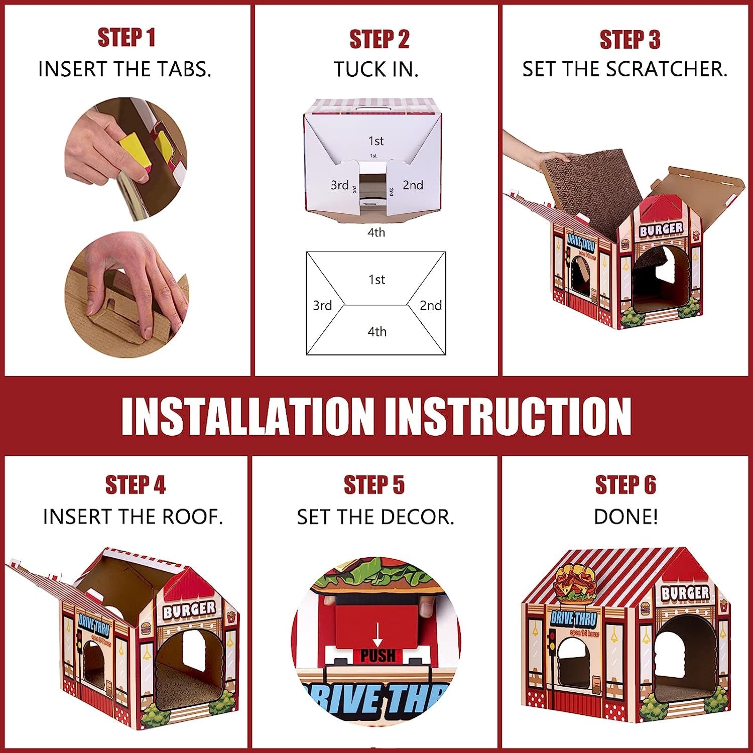 Burger Shop Cat House – Cardboard Scratcher & Hideout for Indoor Cats