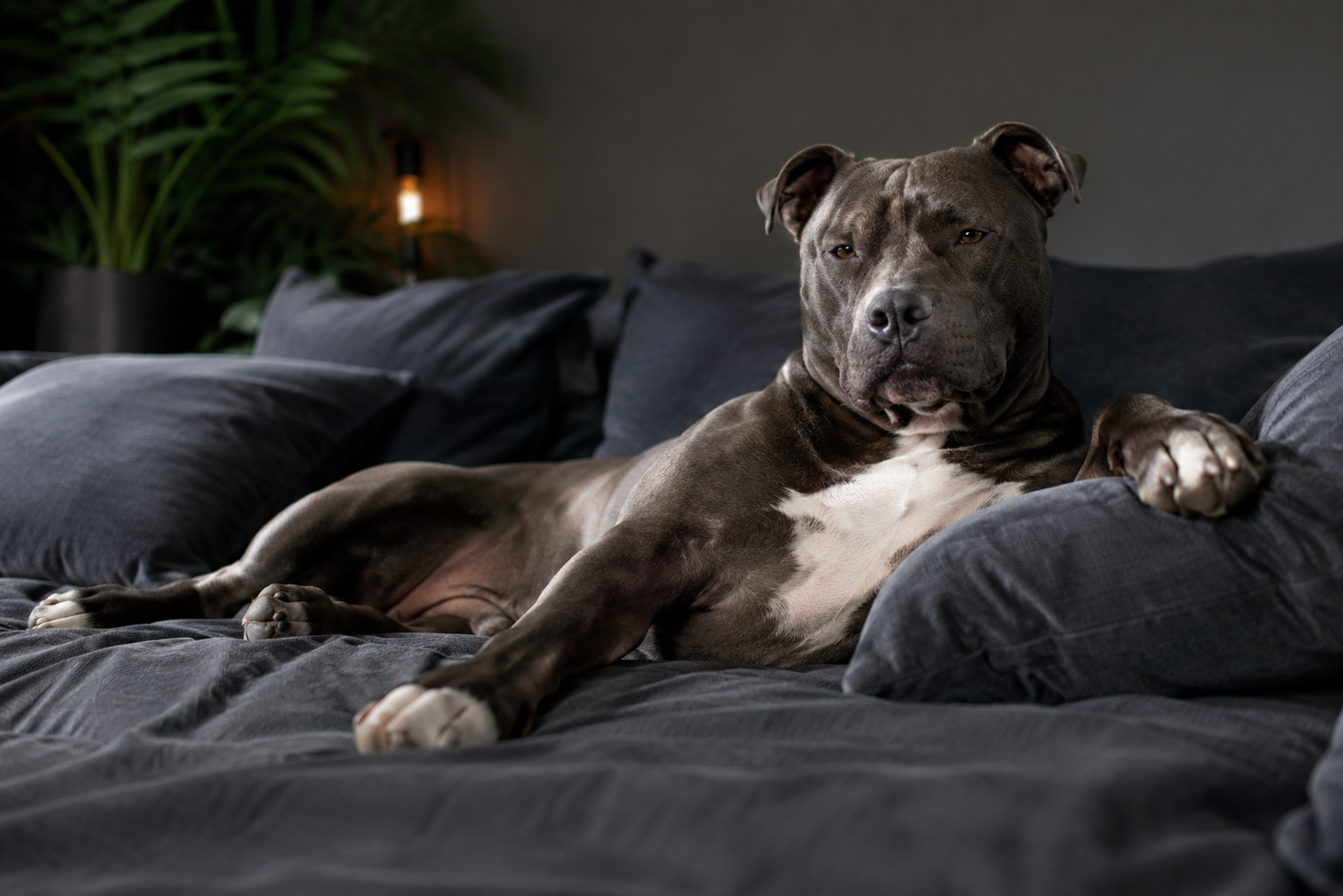 Dog lying on a dark surface with a dimly lit background