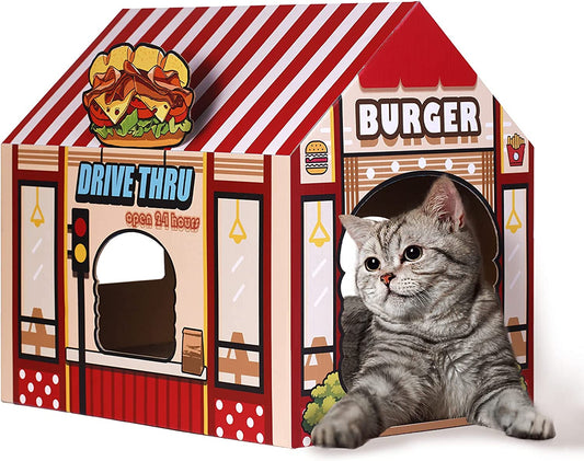 Burger Shop Cat House – Cardboard Scratcher & Hideout for Indoor Cats